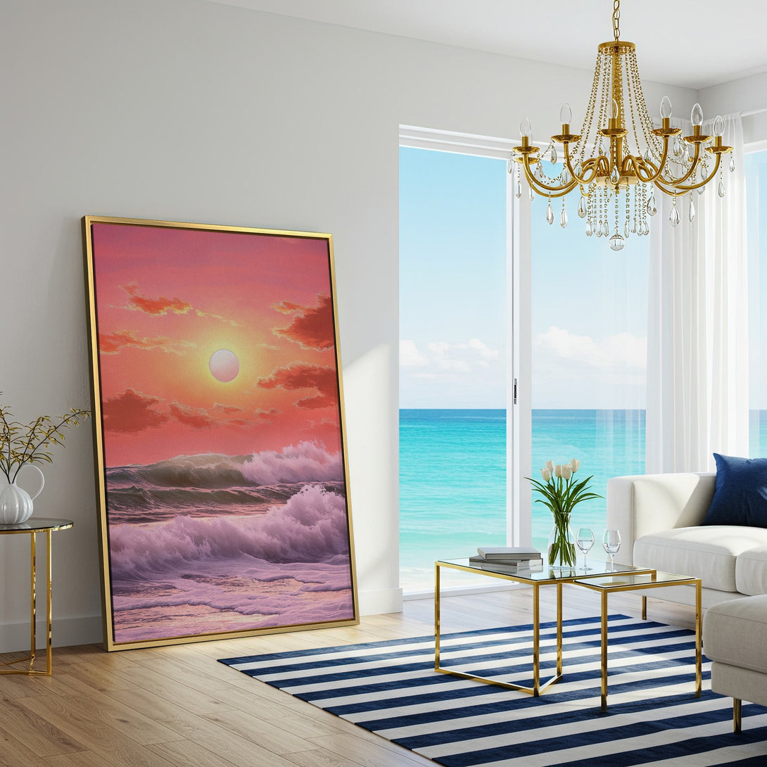 Canvas Print of a sunset over ocean waves, in a pink and purple color palette, displayed in a living room.