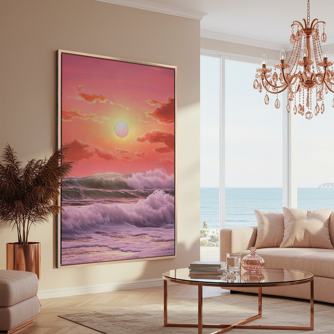 Framed Wall Art featuring a sunset ocean scene in warm pink and orange hues. Coastal decor for a serene living room.