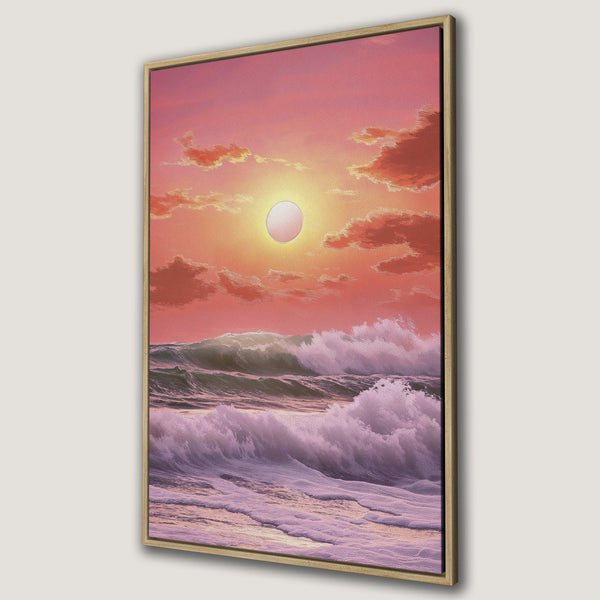 Framed Wall Art: Sunset ocean waves canvas print in warm pink and orange tones. Coastal art for a serene home.