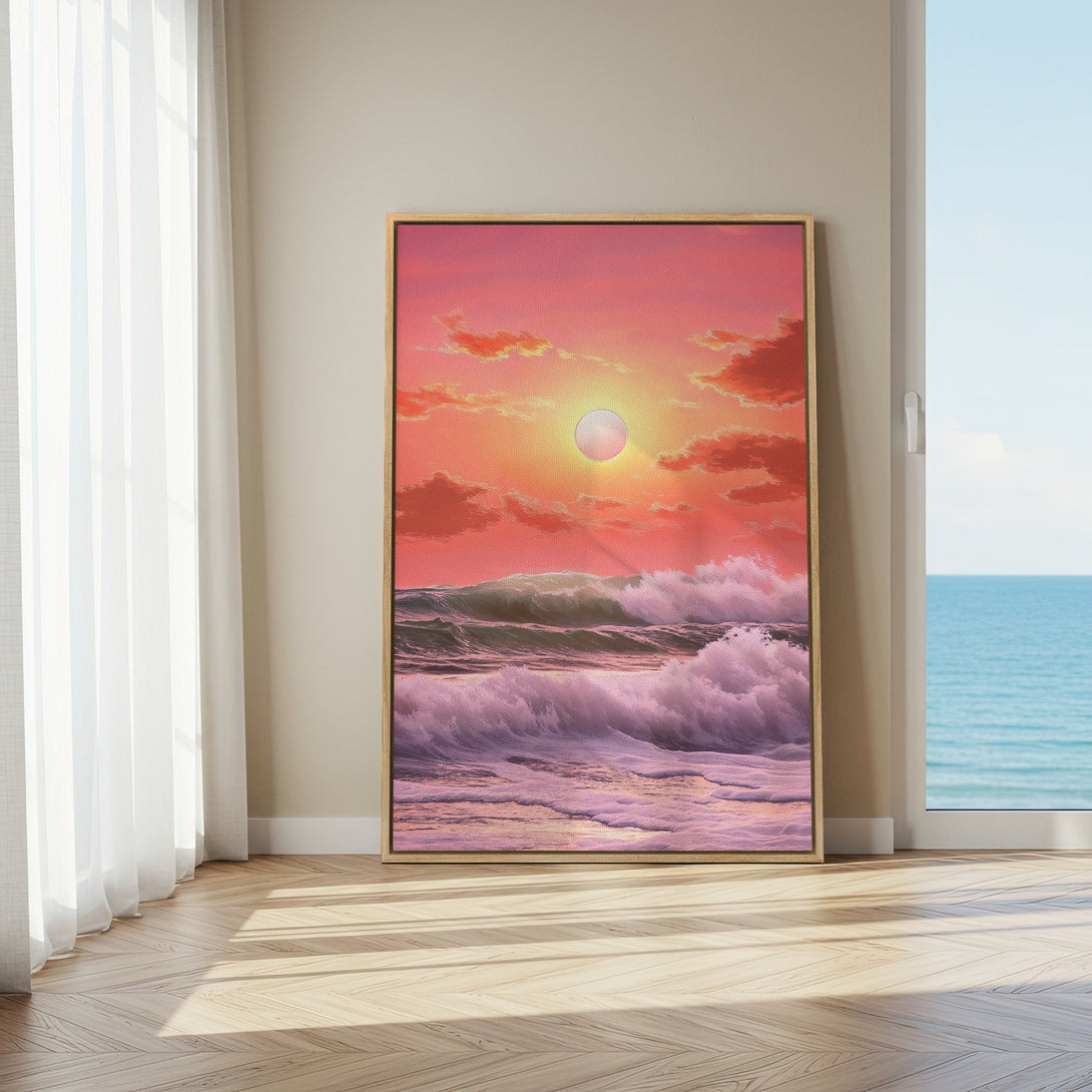 Framed Wall Art of a sunset over ocean waves in a warm pink and orange palette. Coastal art for a serene home.
