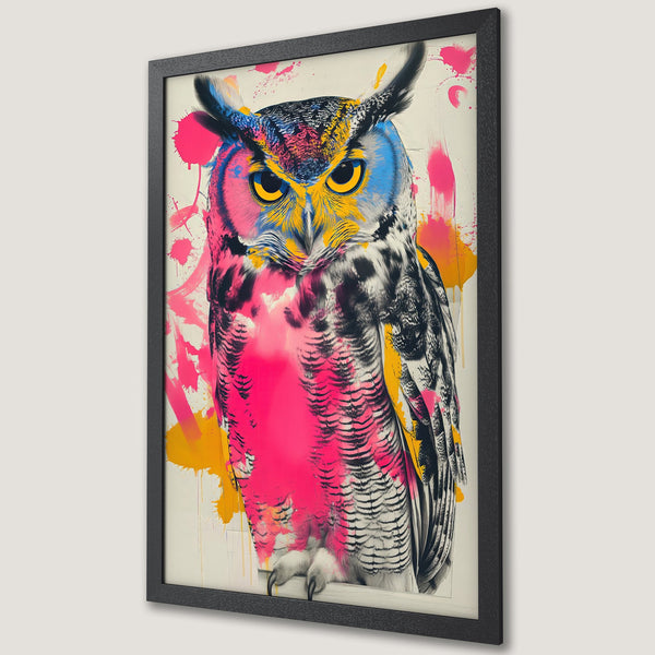 Framed Poster featuring a vibrant owl artwork in a modern, colorful, and abstract style with pink, yellow, and blue hues.