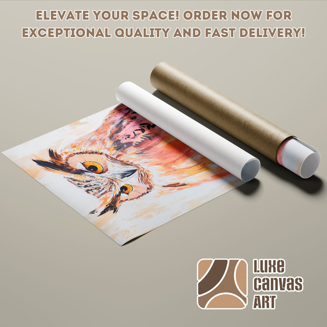 Owl art poster roll in warm tones. Modern abstract style with orange, brown, and beige color palette. Get yours today!
