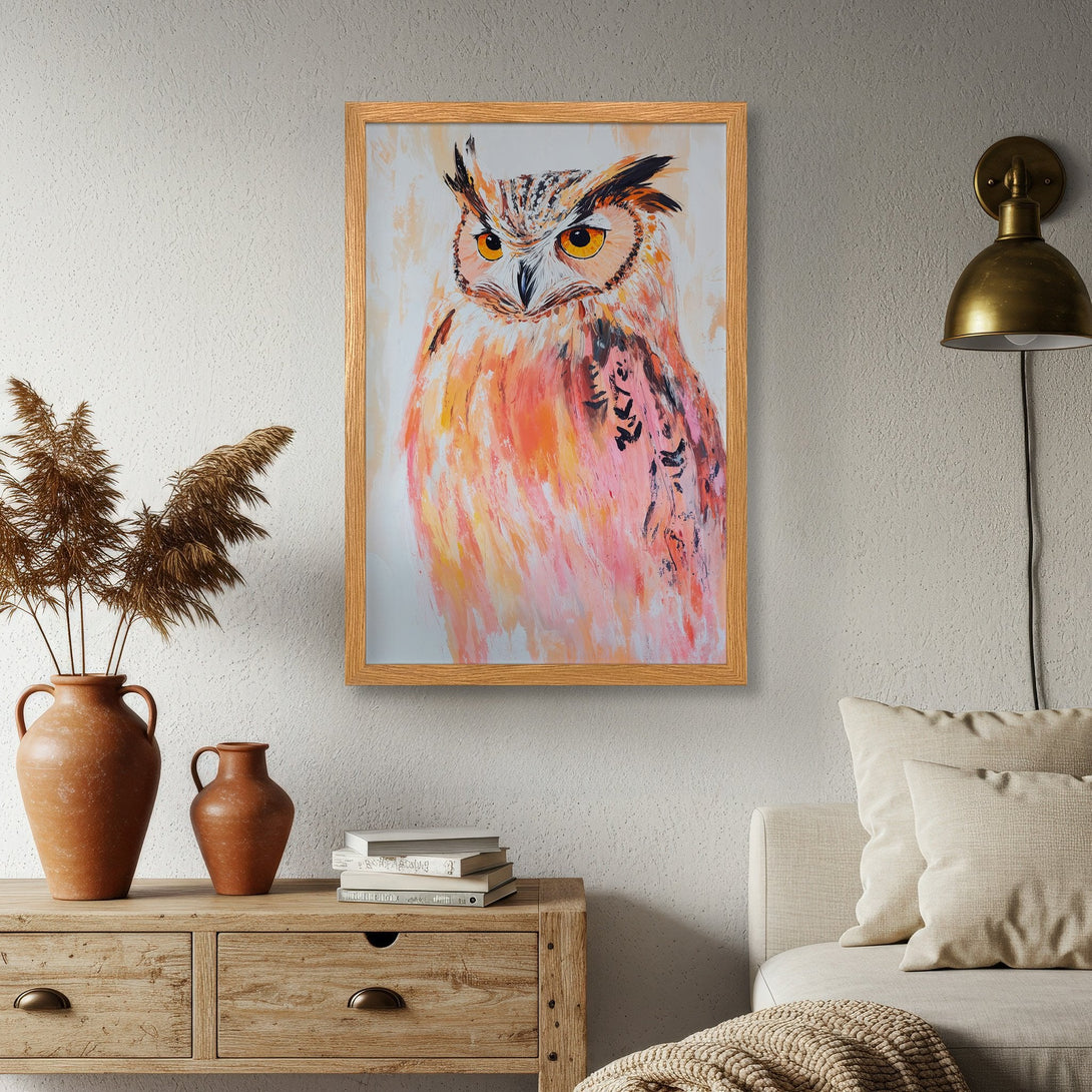 Framed Poster featuring a vibrant owl painting in a modern, expressive style with a warm, pink and orange color palette. Perfect wall art!