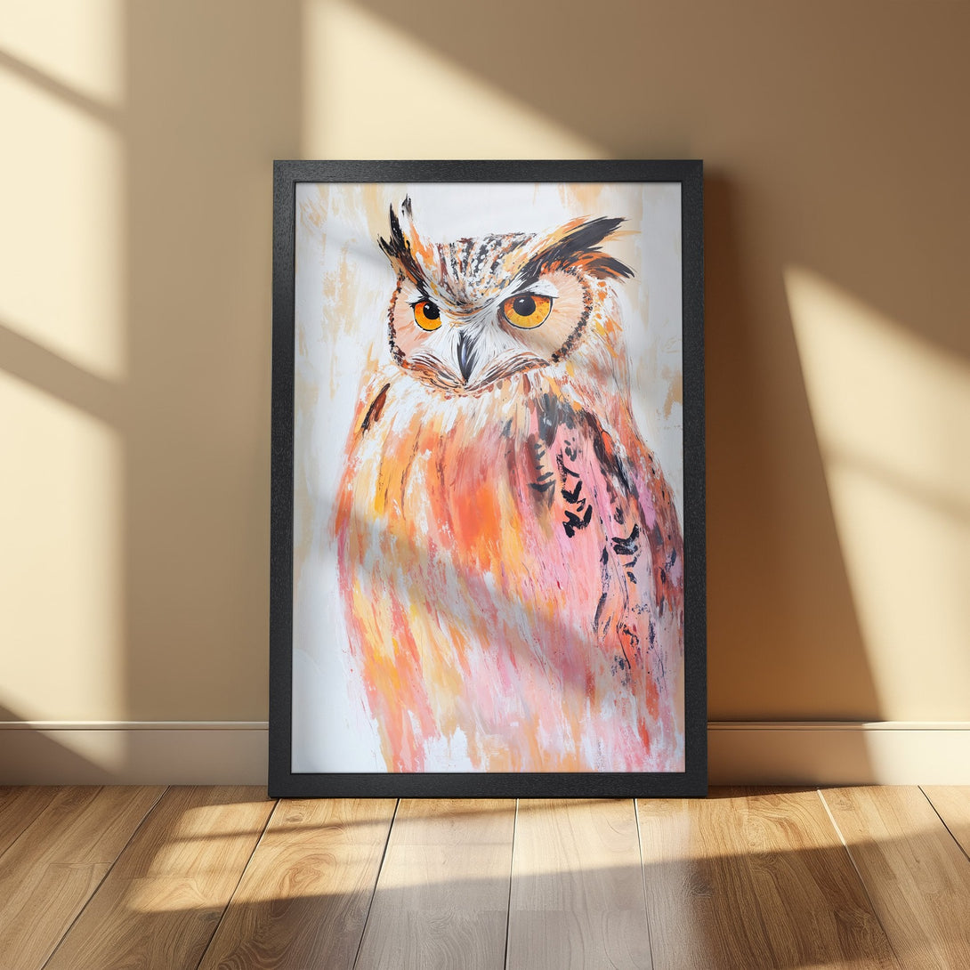 Framed Poster featuring an owl painting in a vibrant orange and pink palette. Modern art style, perfect wall decor.