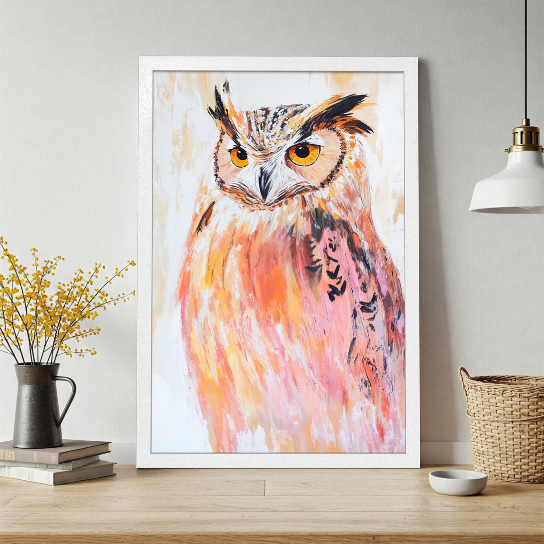 Framed Poster of an owl in an expressive, colorful style. Warm orange and pink hues create a vibrant artwork for your home.