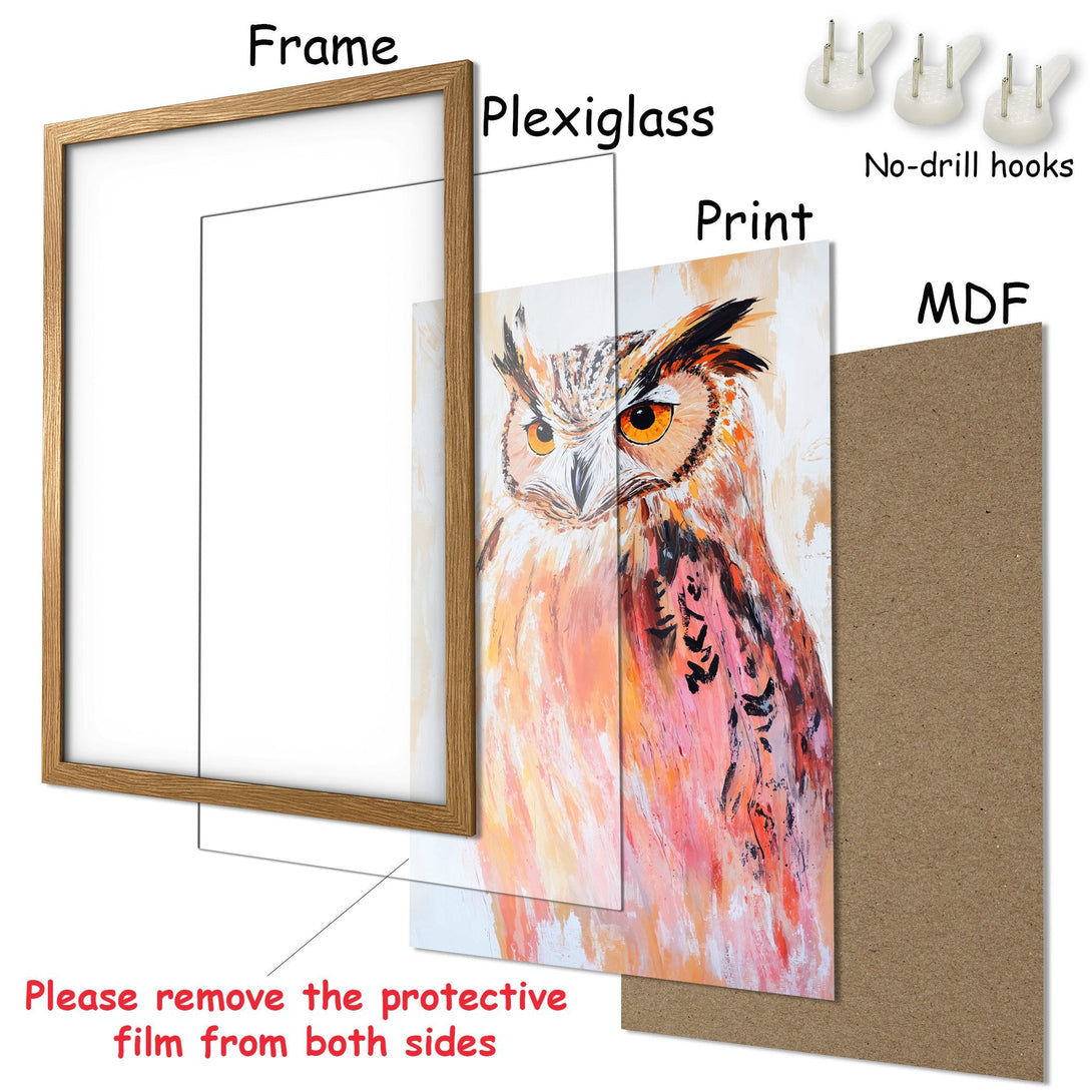 Framed Poster of an owl in vibrant, abstract style with a warm orange and pink color palette. Perfect wall art!