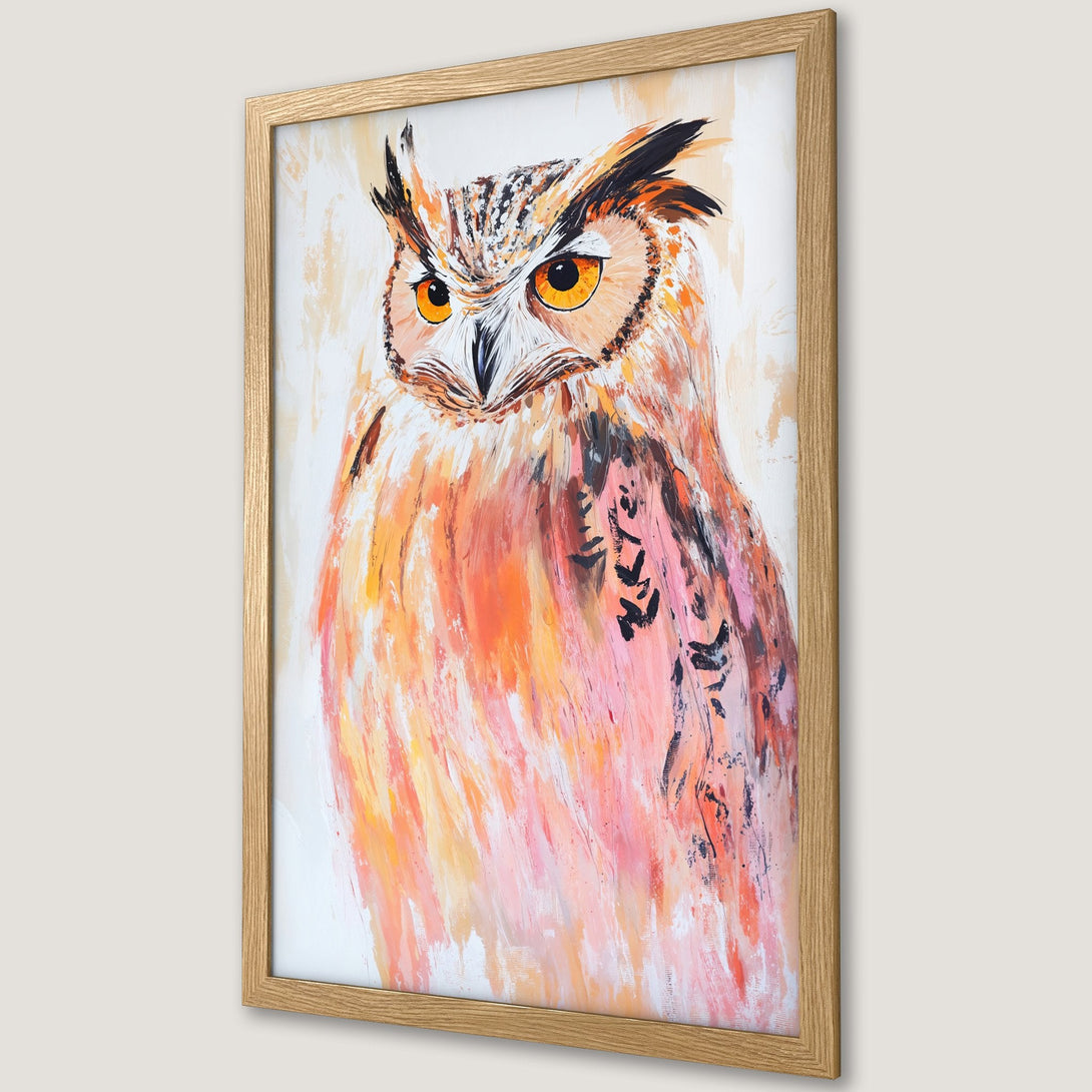 Framed Poster featuring a vibrant owl painting in orange, pink, and black. Expressive art style, perfect for home decor.