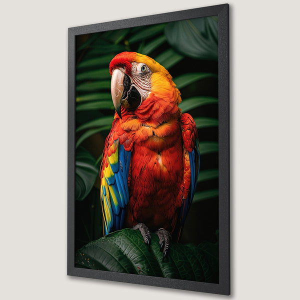 Framed Poster featuring a vibrant macaw parrot with red, yellow, and blue plumage against a lush green backdrop. Tropical art print.