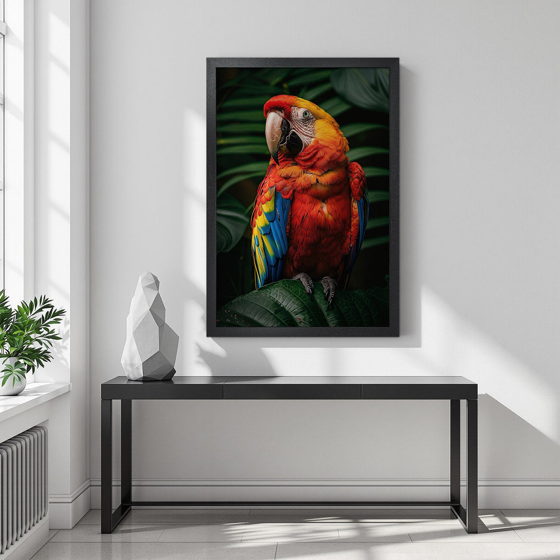 Framed Poster featuring a vibrant parrot against lush green foliage. A stunning piece with a rich, colorful palette, perfect for home decor.
