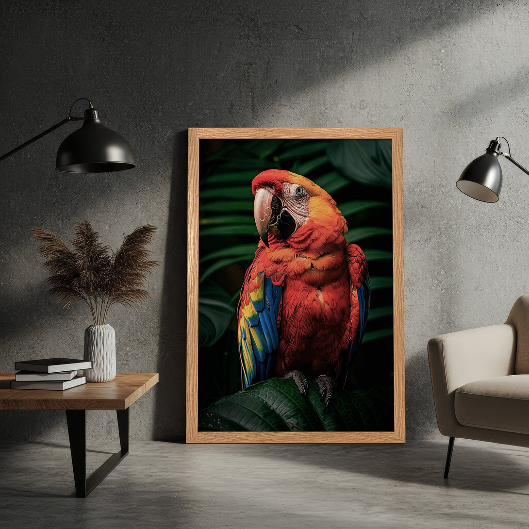 Framed Poster of a vibrant parrot. Tropical style, rich red, yellow, blue, and green color palette. Perfect wall art for your home!