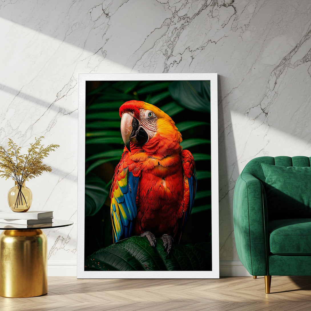 Framed Poster featuring a vibrant parrot in a tropical setting. Rich red, yellow, and blue hues pop against a lush green backdrop. Add a touch of nature to your decor!