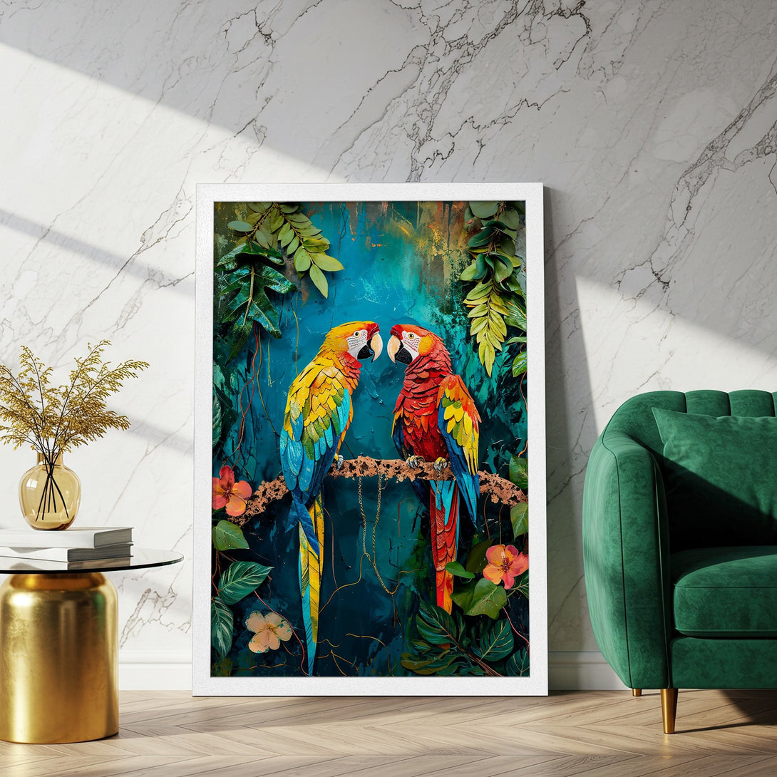 Framed Poster featuring vibrant parrots in a jungle setting. Colorful artwork with a teal, green, and yellow palette. Perfect wall art for your home.