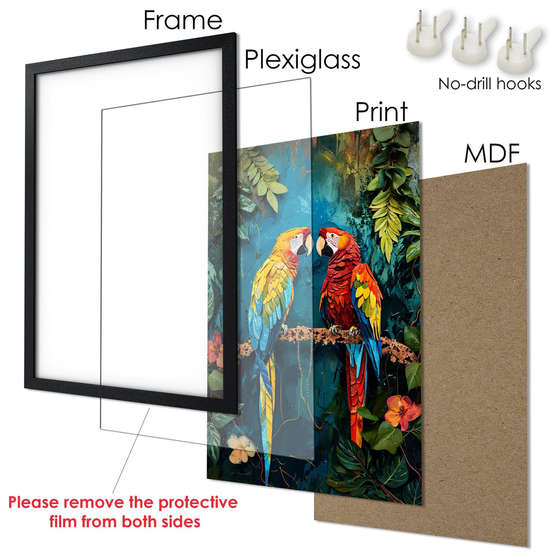 Framed Poster featuring colorful parrots in a jungle scene. Vibrant blues, greens, and yellows create a stunning art print. Perfect wall decor!