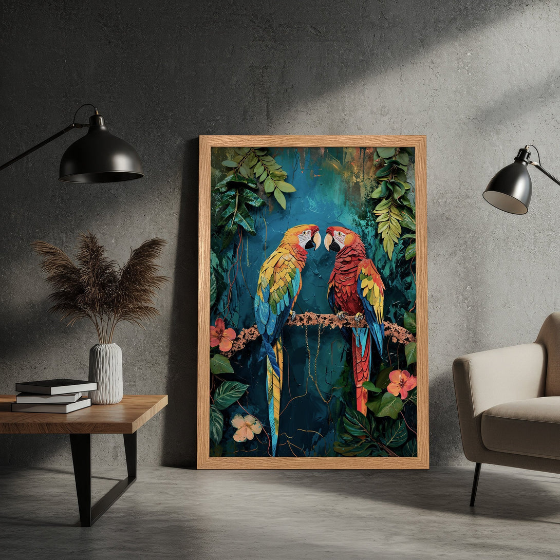Framed Poster featuring vibrant parrots in a jungle setting. Artistic style with a teal, blue, and orange color palette. Perfect wall art for your home.