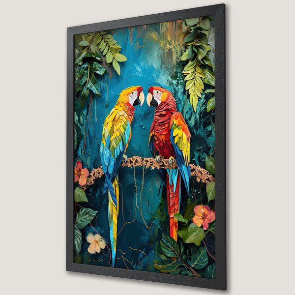 Framed Poster featuring colorful parrots in a jungle setting. Artistic style with a vibrant blue, green, yellow, and red color palette. Perfect wall art.