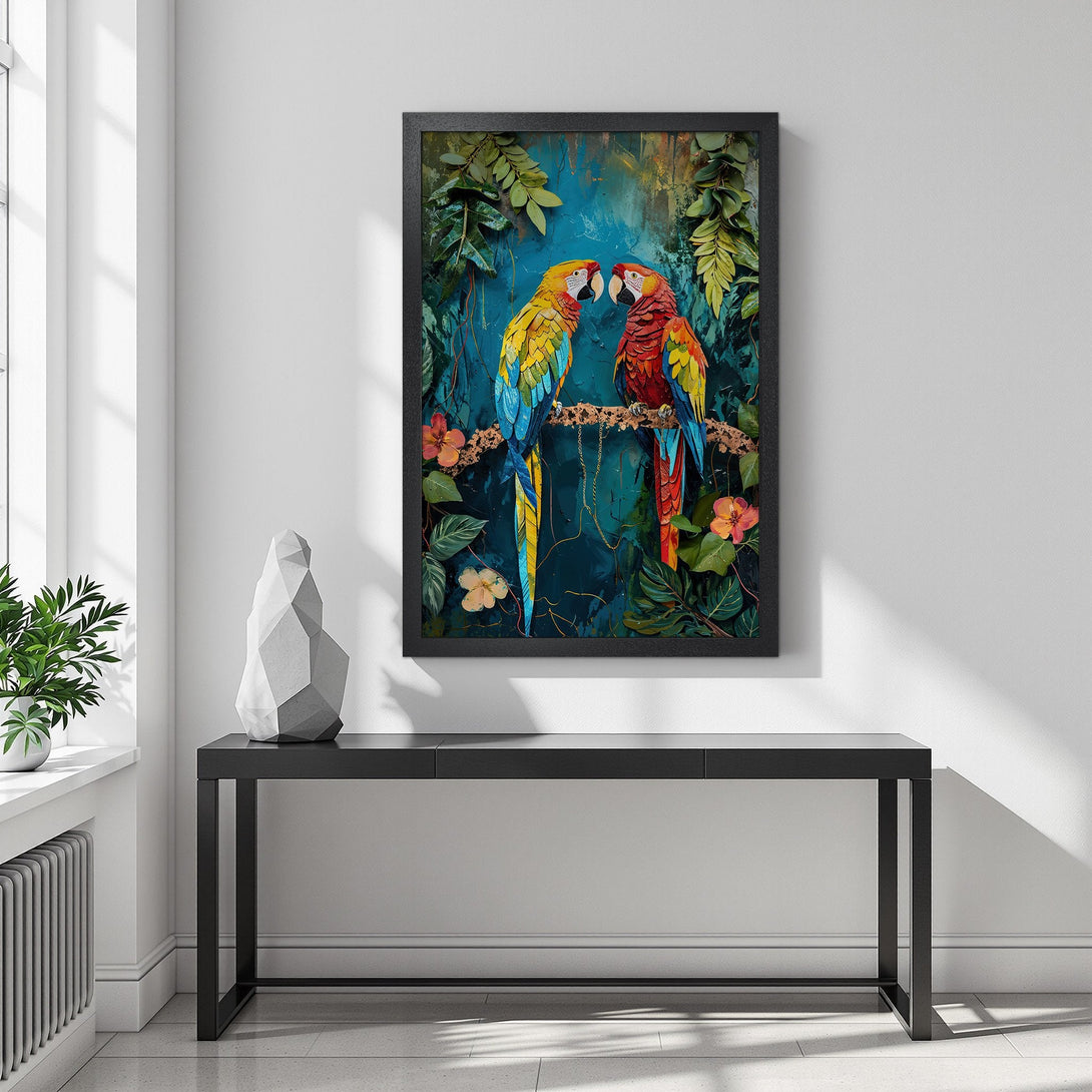 Framed Poster featuring vibrant parrots. Tropical art print with a rich blue, yellow, and red color palette. Perfect wall decor.