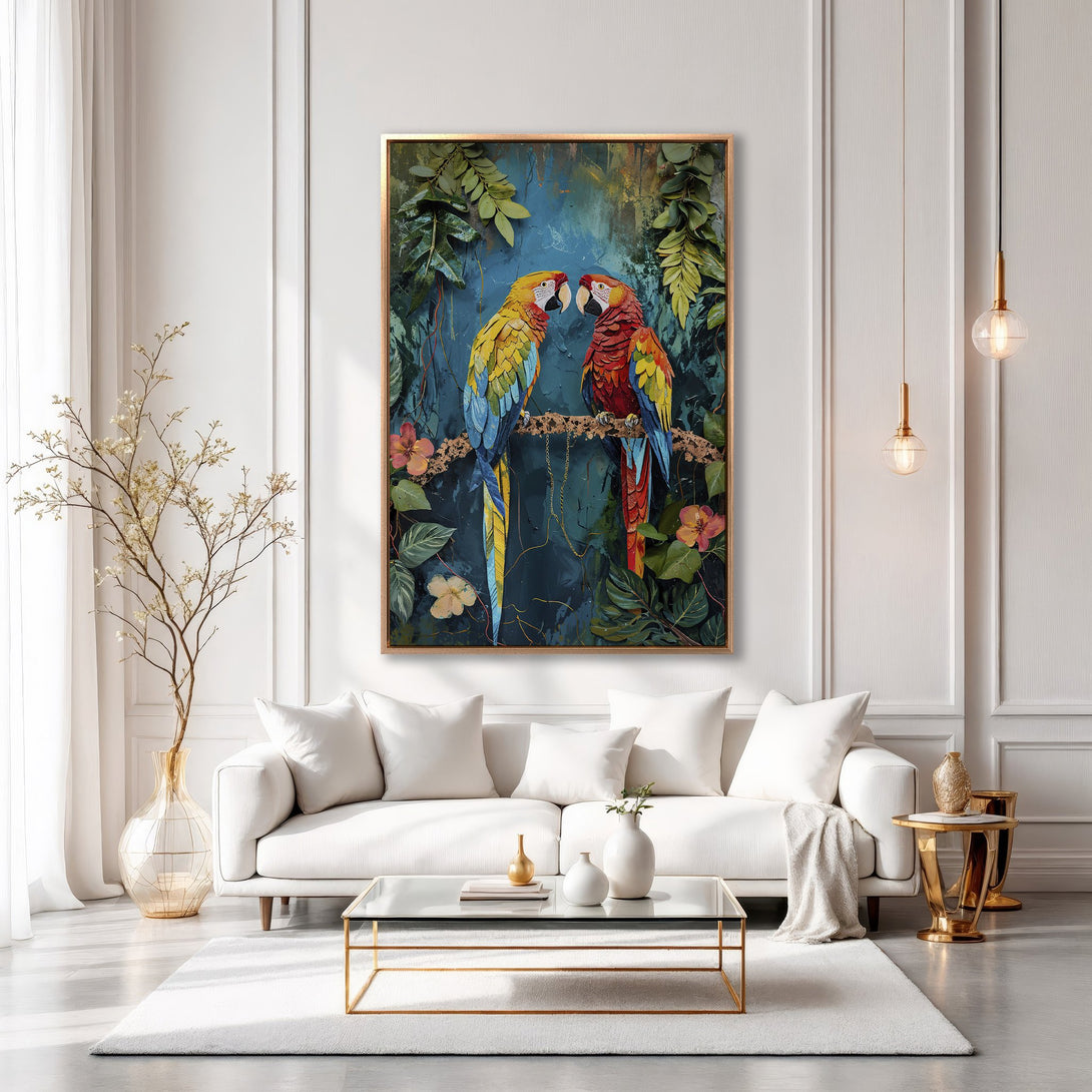 Framed Wall Art: Colorful parrots in a tropical style, vibrant blues, greens, yellows, and reds. Perfect for adding a pop of color to your home!