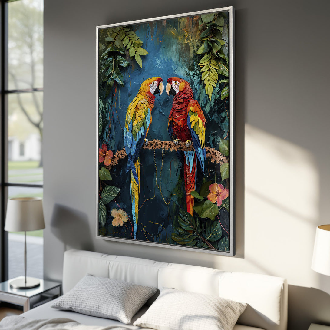 Framed Wall Art: Colorful parrots in a vibrant jungle scene. Tropical artwork with a teal, blue, yellow, and red color palette. Perfect for adding a pop of color!