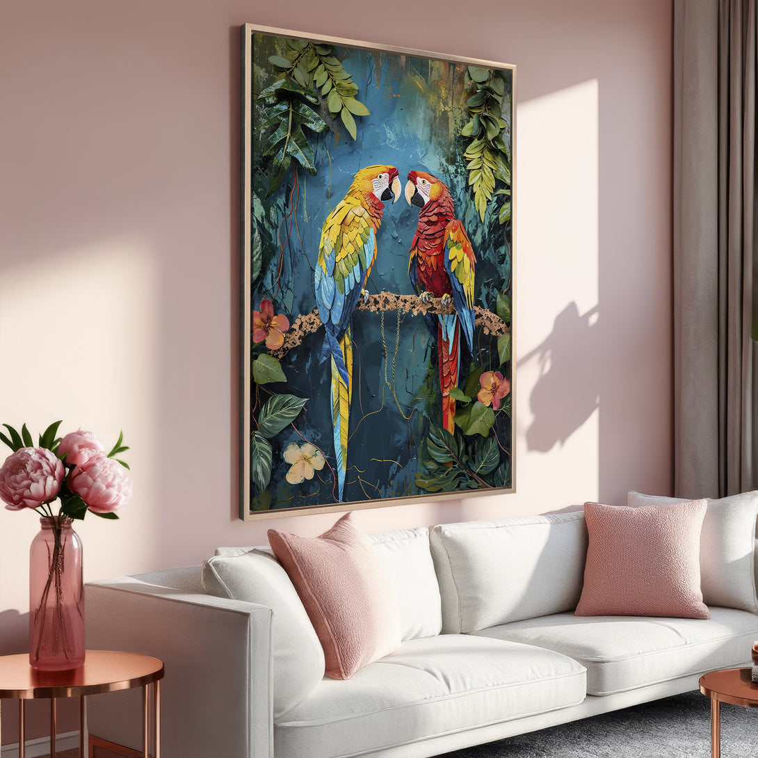 Framed Wall Art featuring colorful parrots in a tropical scene. Adds a vibrant pop of color to any interior. Perfect for living rooms and bedrooms.