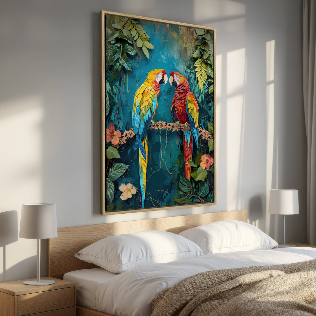 Framed Wall Art featuring vibrant parrots in a tropical jungle scene. Colorful Canvas Print adds a pop of color to any bedroom with a teal, yellow, and red palette.