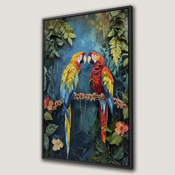 Framed Wall Art featuring colorful parrots in a vibrant jungle scene. Tropical artwork with a blue, green, yellow, and red color palette. Perfect for home decor.