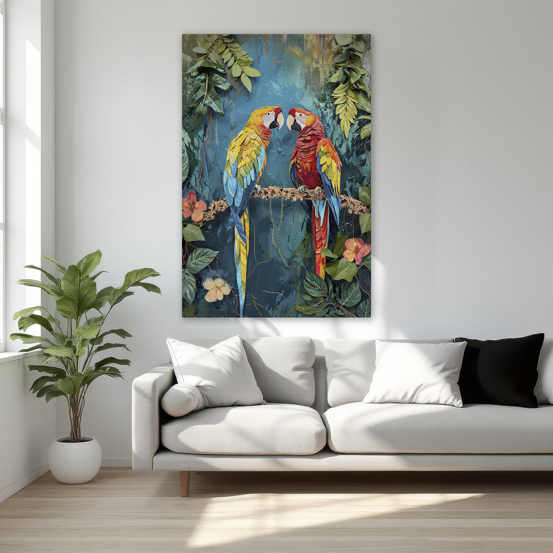 Framed Wall Art: Vibrant parrots in a lush jungle scene. Colorful Canvas Print with a teal and gold palette, perfect for adding a touch of nature to your home decor.
