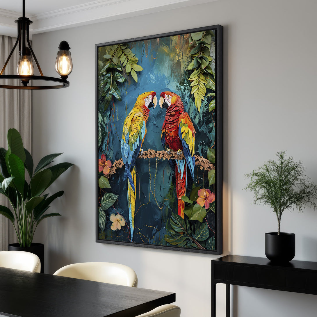 Framed Wall Art featuring vibrant parrots in a tropical jungle scene. Colorful canvas print with teal, blue, yellow, and red hues, perfect for adding a pop of color.