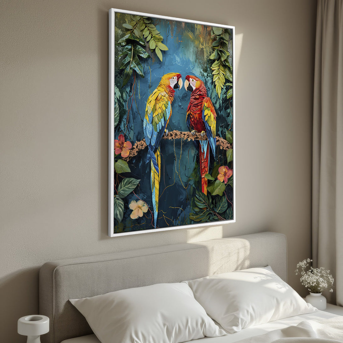 Framed Wall Art featuring vibrant parrots in a lush, tropical style. Colorful Canvas Print with a blue, green, and yellow palette, perfect for adding a pop of color.