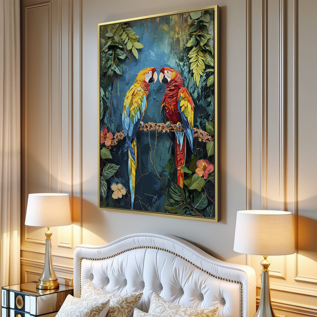 Canvas Print featuring colorful parrots in a vibrant jungle scene. Tropical wall art with a blue, green, yellow, and red color palette. Perfect for adding a pop of color!