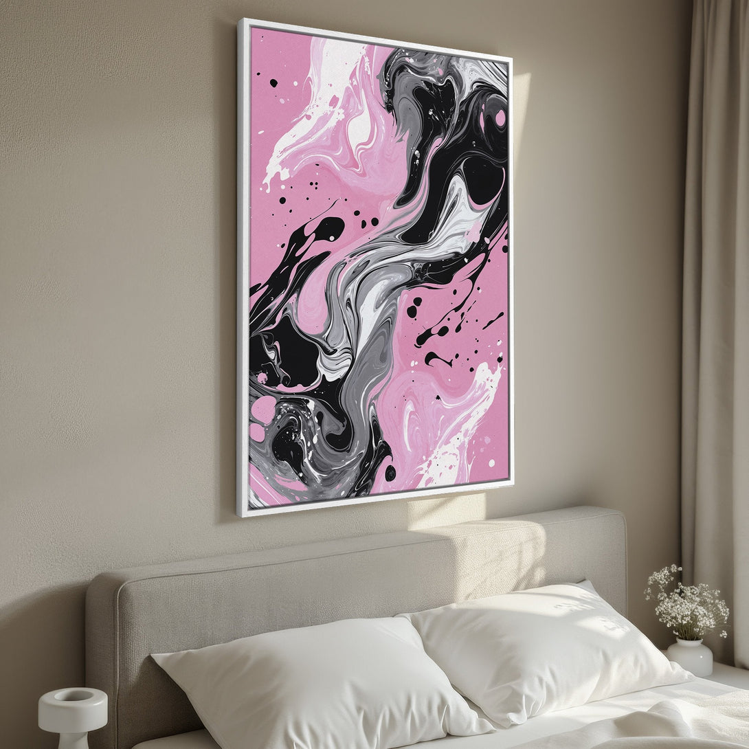 Framed Wall Art: Abstract pink, black, and gray canvas print. Modern art for bedroom decor. Add a pop of color with this stylish artwork.