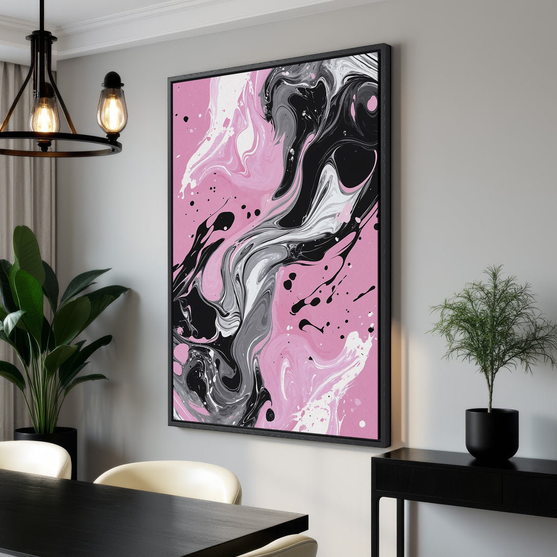 Framed Wall Art: Abstract pink, black, and gray canvas print. Modern art for home decor, featuring a fluid, marbled style. Add a pop of color to your space!