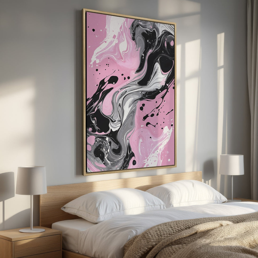 Framed Wall Art: Abstract pink, black, and white canvas print. Modern art for bedroom decor. Stylish and colorful wall art to elevate your space.