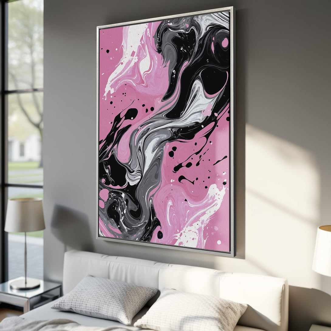 Framed Wall Art: Abstract pink, black, and white canvas print. Modern art for your bedroom. Elevate your space with this stylish and colorful artwork.