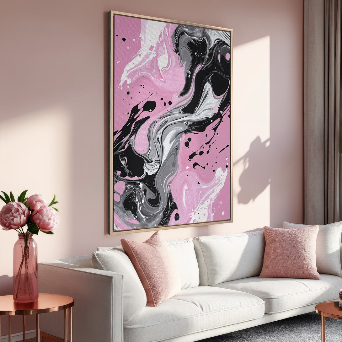 Framed Wall Art: Abstract pink, black, and gray canvas print. Modern art for living room decor. Adds a pop of color and style.