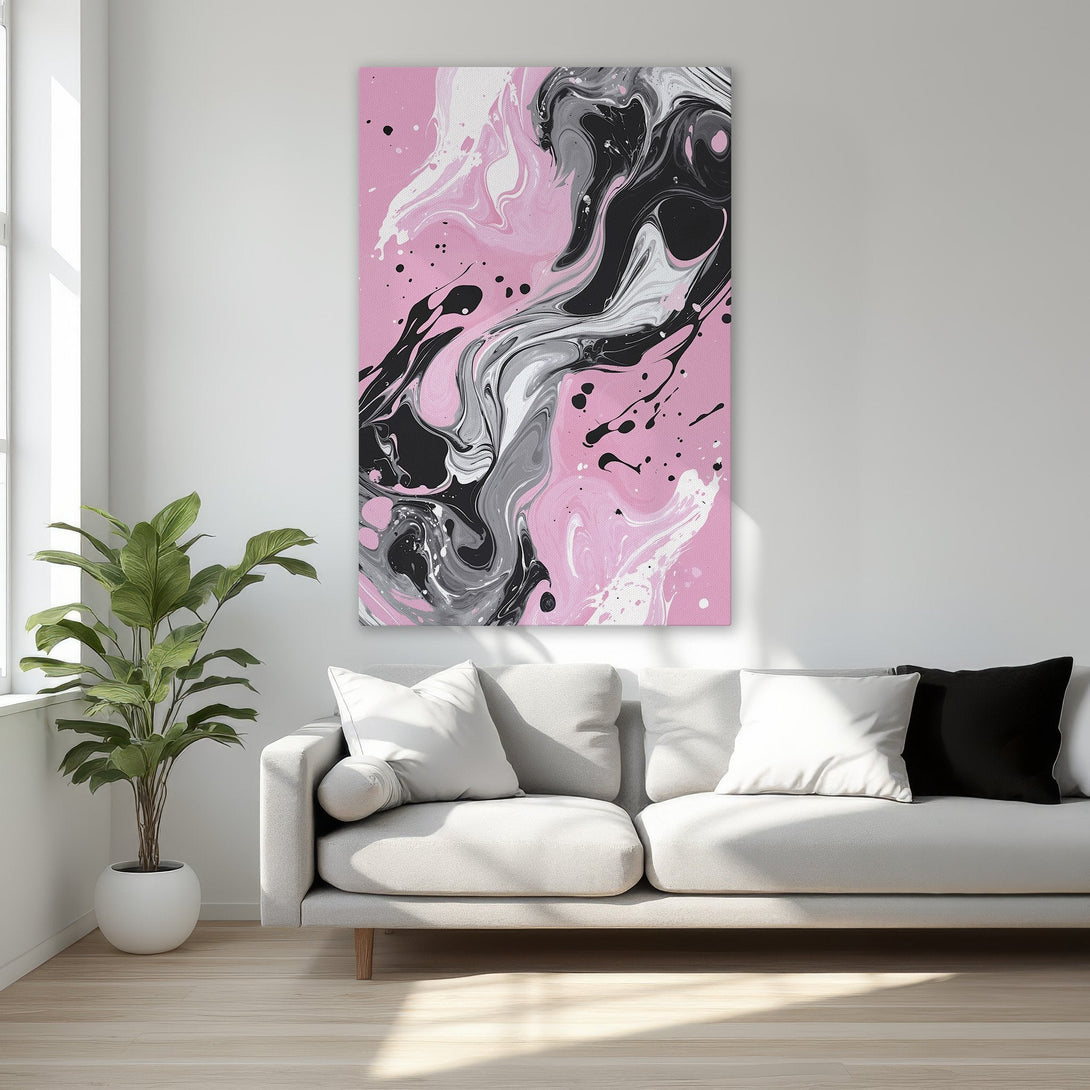 Framed Wall Art: Abstract fluid art Canvas Print in pink, black, and gray. Modern art piece for stylish home decor.