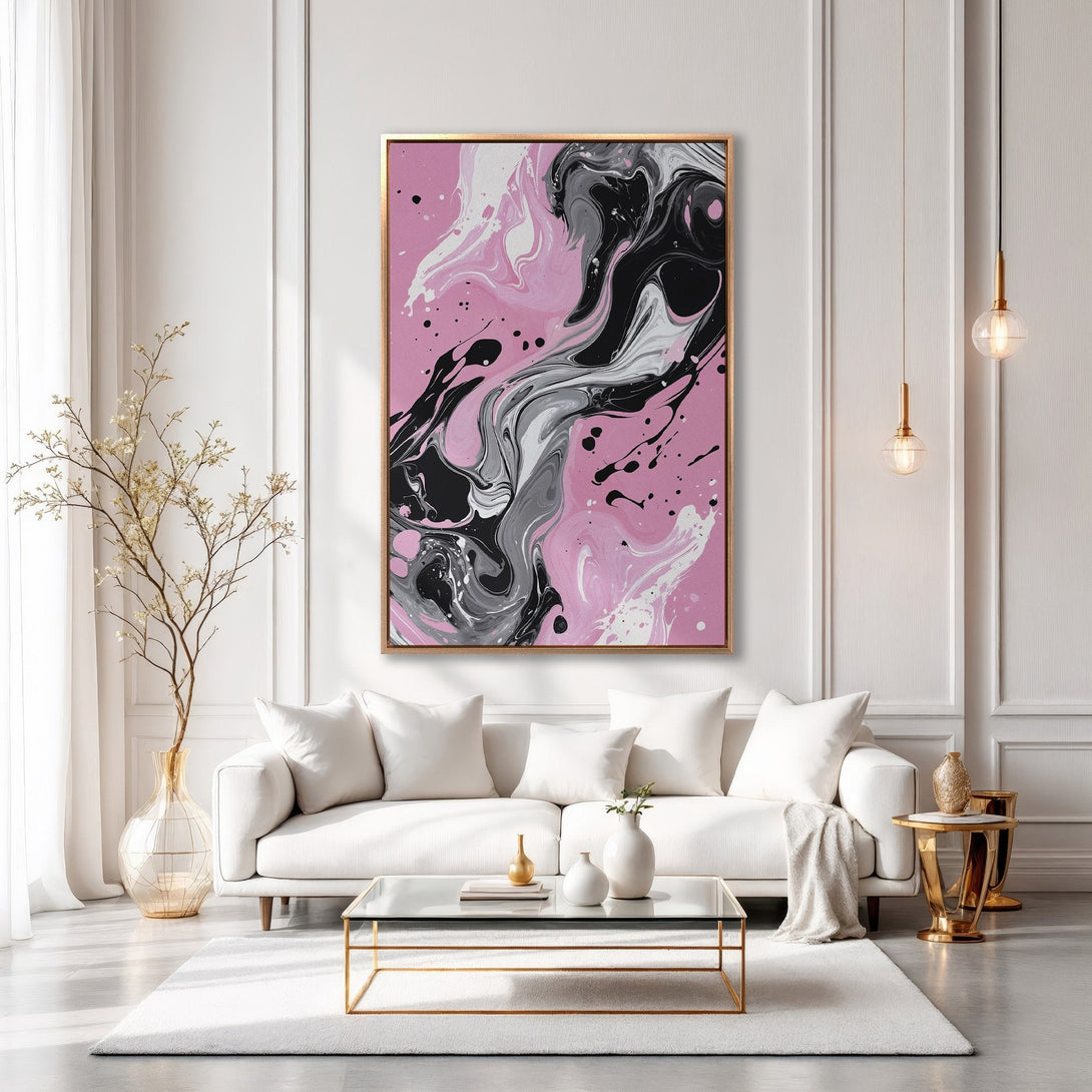 Framed Wall Art: Abstract pink, black, and gray painting. Modern decor with a gold frame, perfect for living room or bedroom. Shop now for stylish home art!