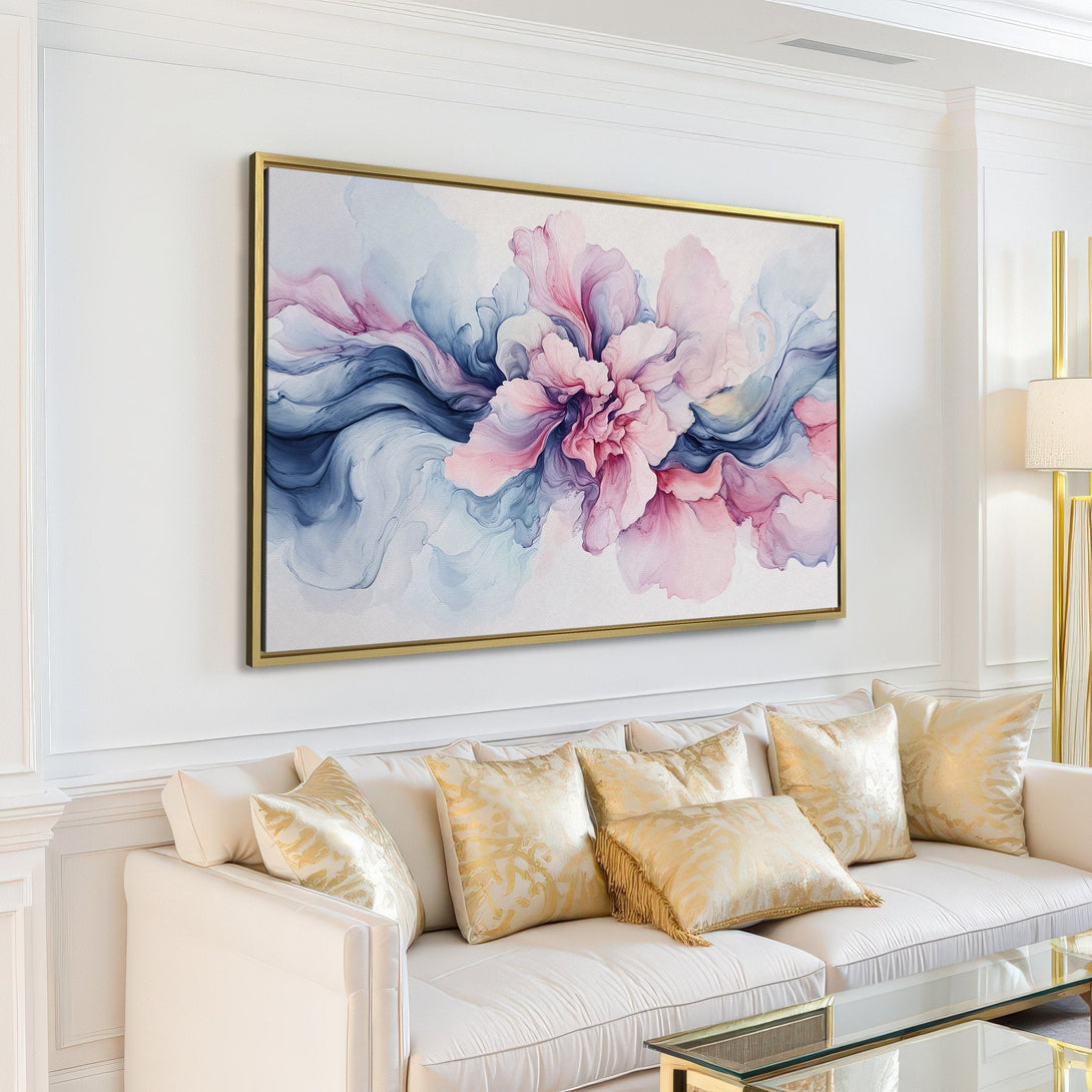 Canvas Print of a floral watercolor painting in pastel pink and blue hues, perfect for adding a touch of elegance to your living room.