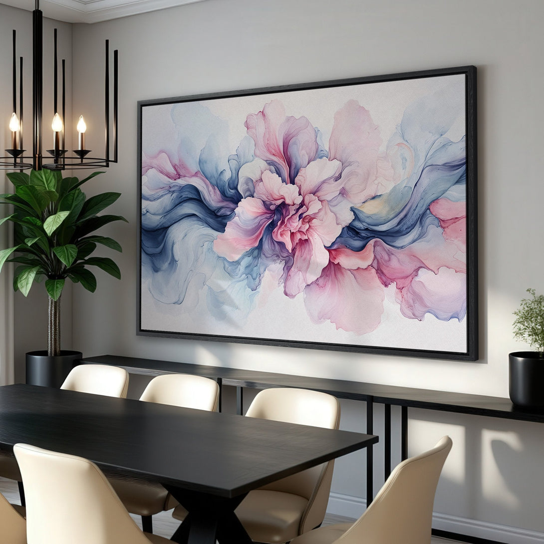 Framed Wall Art featuring an abstract floral design in watercolor style. Soft pink, blue, and white color palette. Perfect for adding elegance to any room.