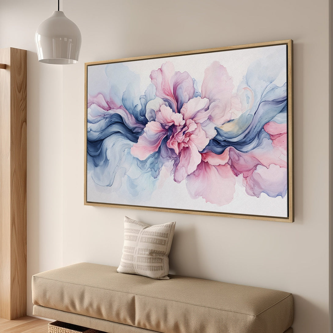 Framed Wall Art: Abstract floral canvas print in pink, blue, and purple watercolor style. Perfect for adding a touch of elegance to your home decor.