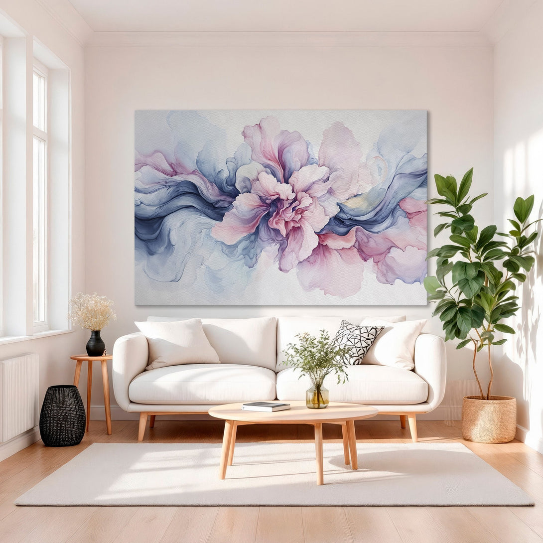 Framed Wall Art: Abstract floral Canvas Print in soft pink & blue tones, perfect for elegant home decor. Enhance your living room with this beautiful artwork.