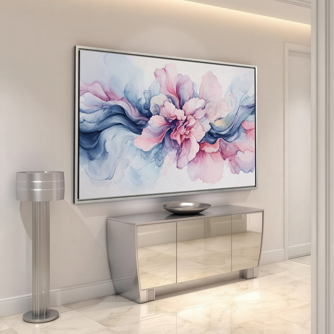 Framed Wall Art: Abstract floral Canvas Print in pink, blue, and white. Modern art for your home. Elevate your decor!