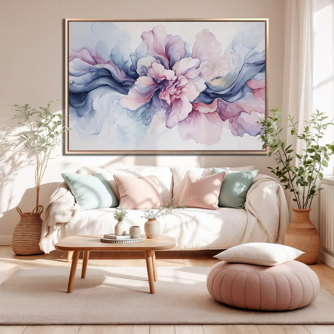 Framed Wall Art featuring a floral watercolor design in pink and blue hues. Perfect for adding a touch of elegance to your living room.