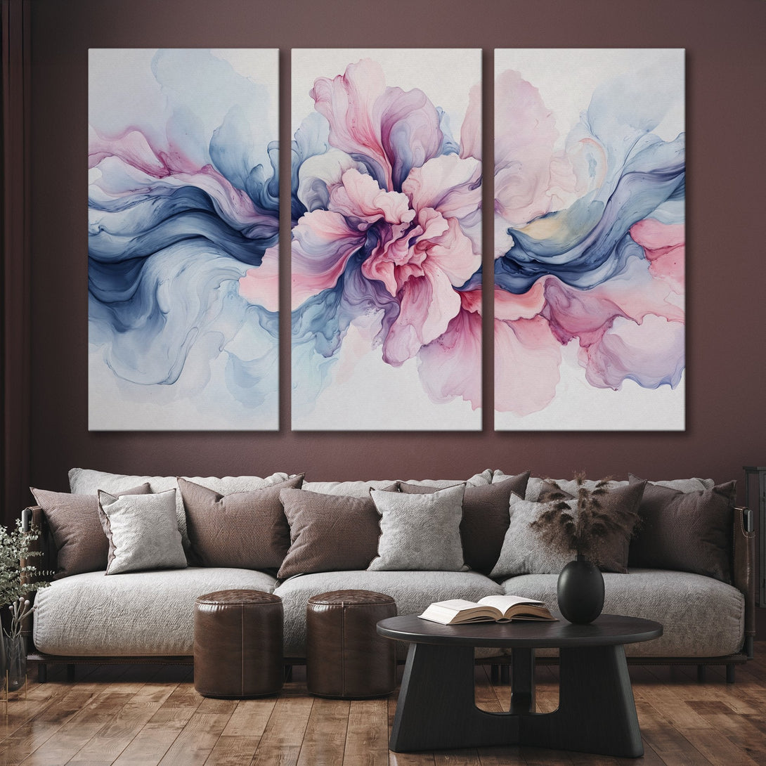 Canvas Print of abstract floral art in watercolor style, featuring a pink, blue, and purple color palette, perfect for modern home decor.