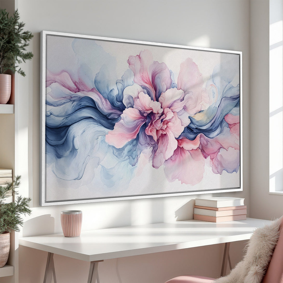 Framed Wall Art: Abstract floral Canvas Print in soft pink, blue, and white. Modern art for a serene and stylish interior. Shop now!