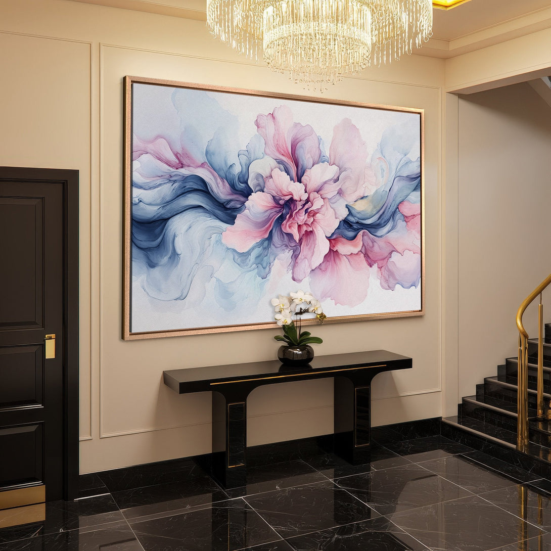 Framed Wall Art featuring an abstract floral design in pink and blue hues. Elegant canvas print for a sophisticated interior.