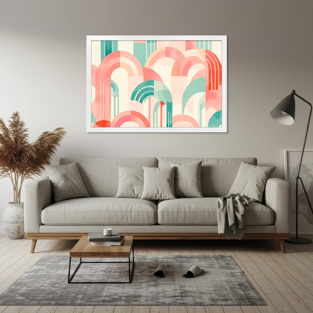 Framed Poster featuring a geometric abstract design in a pastel color palette of pink, teal, and cream. Perfect wall art for any room!