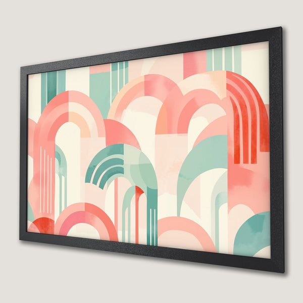 Framed Poster featuring an abstract geometric design in a pastel color palette of pink, teal, and cream. Perfect wall art!