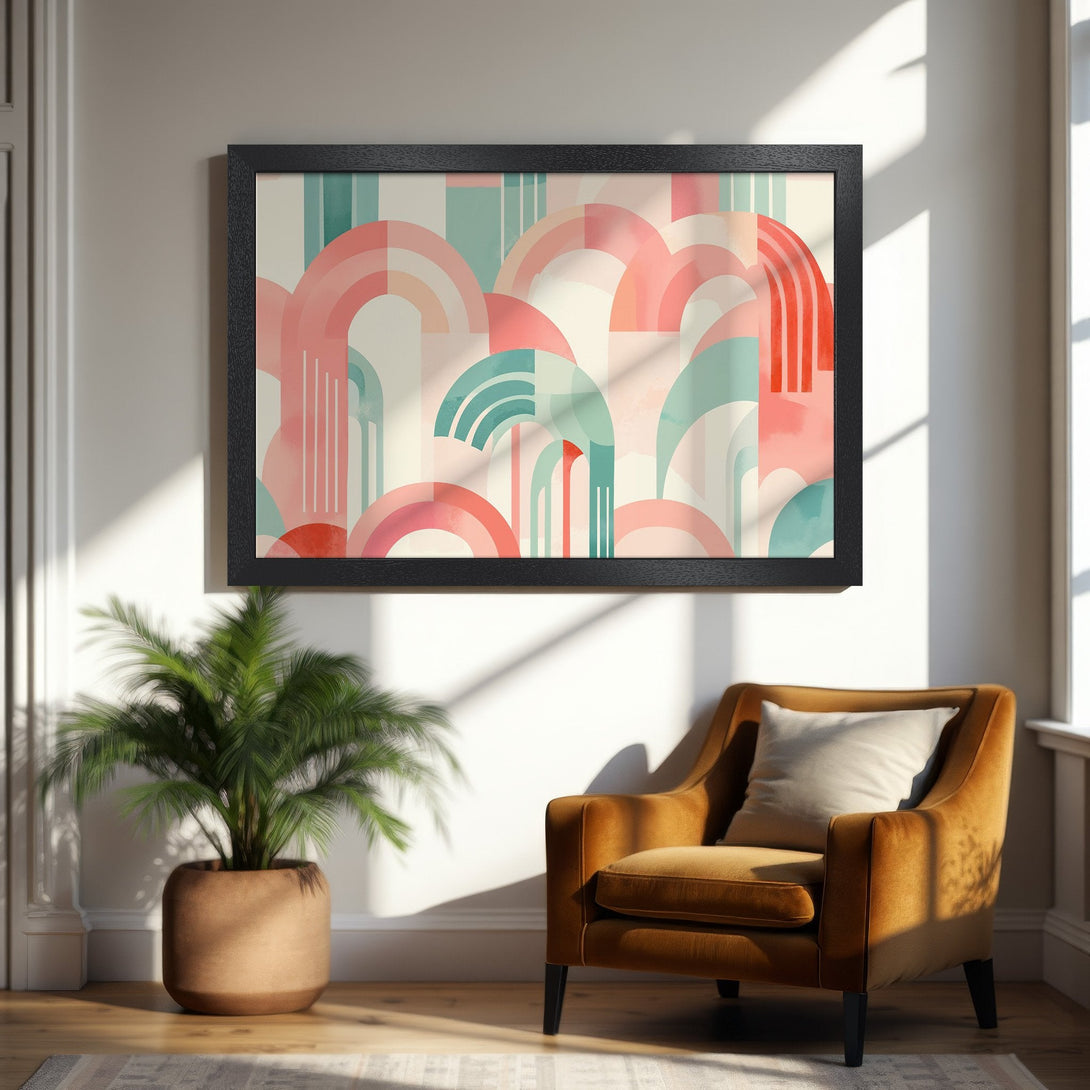 Framed Poster featuring an abstract geometric design in pastel pinks and blues. Modern art style, perfect for home decor.