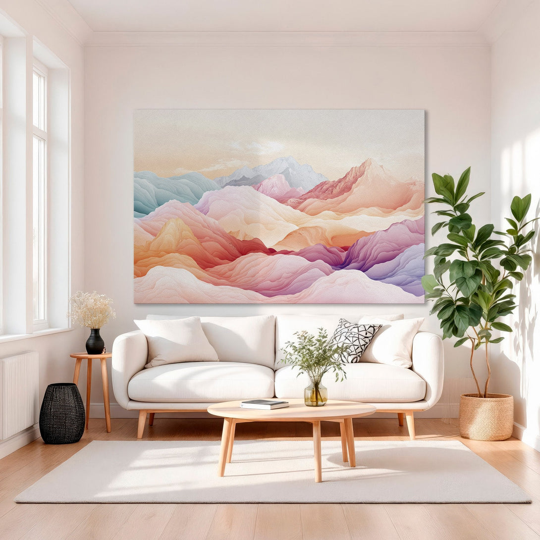 Framed Wall Art: Abstract mountain landscape Canvas Print in warm peach, coral, and teal tones. Modern art to elevate your home decor.