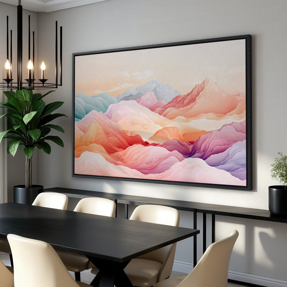 Framed Wall Art: Abstract mountain landscape Canvas Print in warm, pastel colors. Perfect for adding a touch of modern art to your dining room decor.